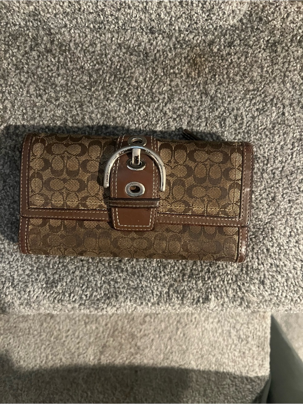 Coach Brown Signature Canvas Wallet with Silver Buckle
